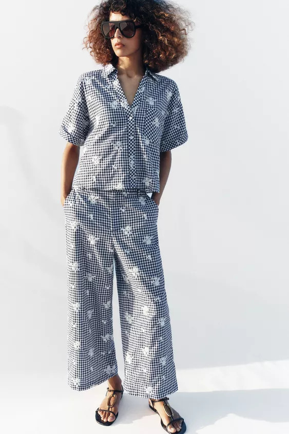 EMBROIDERED CHECK CULOTTES SET | Zara UK