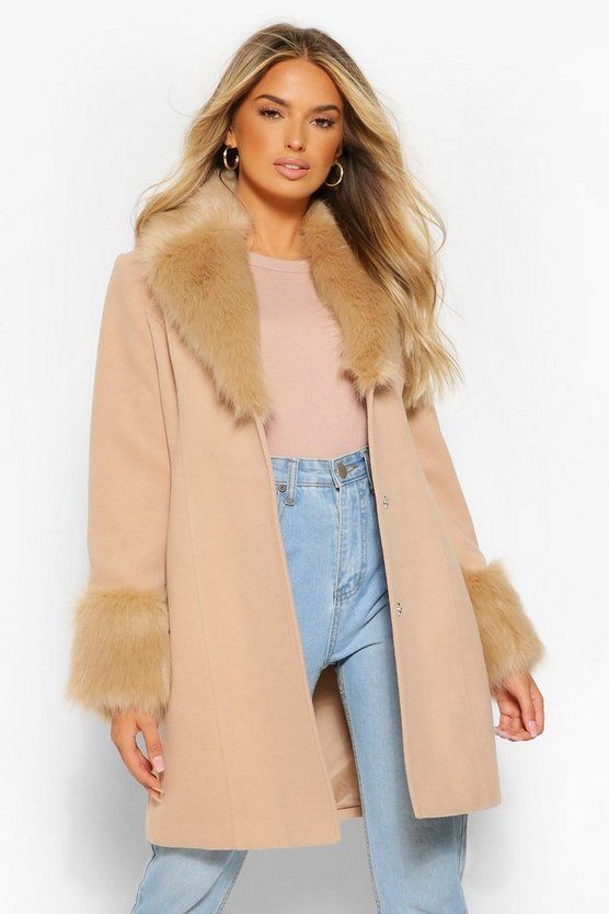 Faux Fur Collar & Cuff Wool Look Coat | Boohoo.com (US & CA)