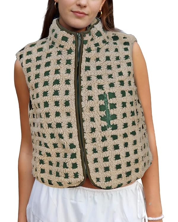 Womens Checkered Sherpa Vest Sleeveless Winter Fleece Jacket High Neck Zip Up Plaid Gilet with Ch... | Amazon (US)