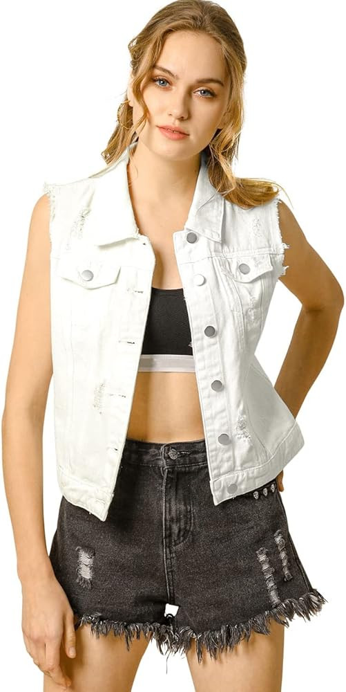 Allegra K Women Denim Vests Sleeveless Jacket Button Closure Western Washed Distressed Jean Vest | Amazon (US)