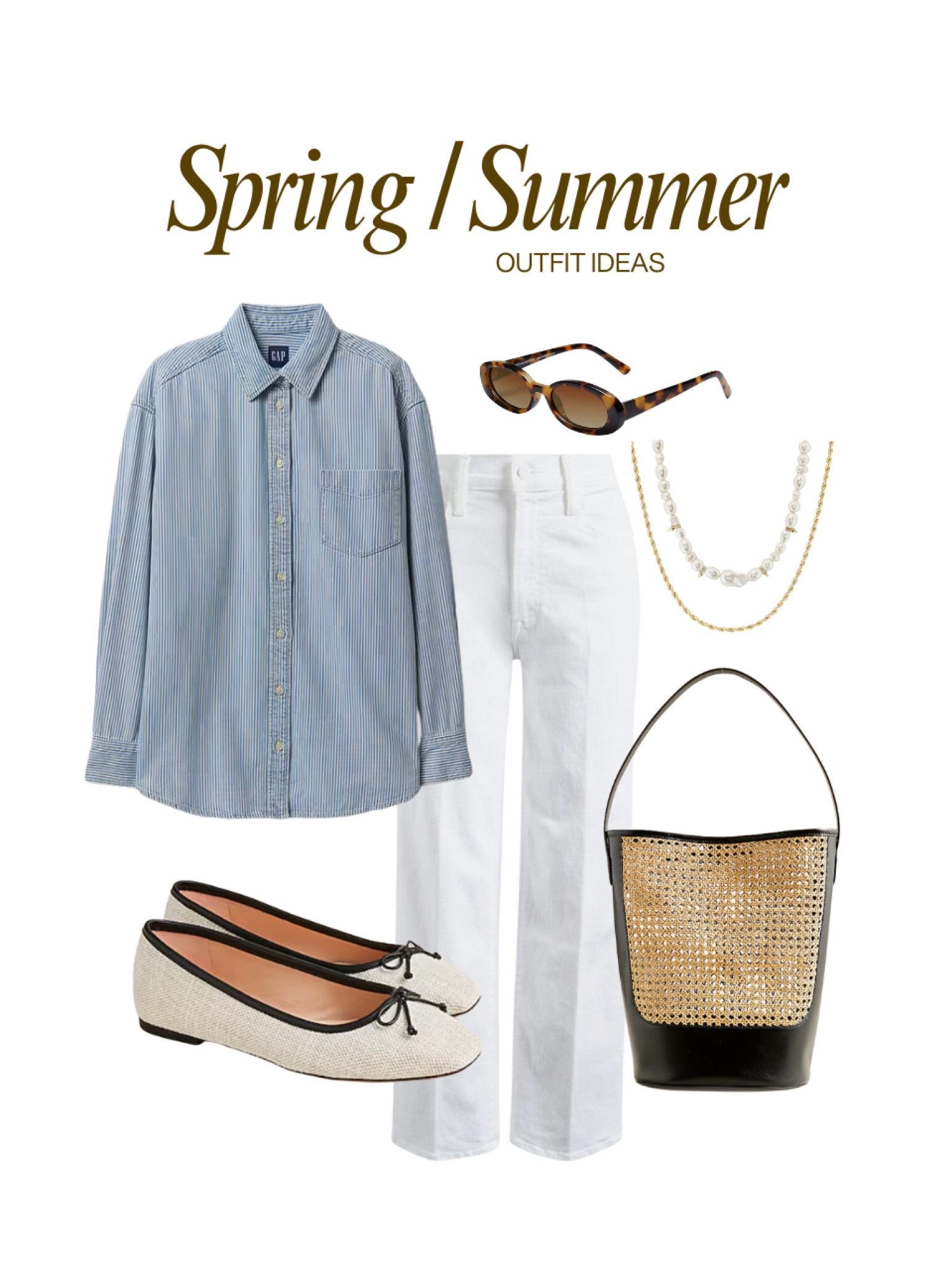 spring summer outfit idea 🤍☁️ coastal grandmother, Ralph Lauren, east coast aesthetic, white jeans, button down shirt, linen, flats, raffia handbag, necklaces, layered necklace, sunglasses 

#LTKFindsUnder100 #LTKWorkwear #LTKSpringSale