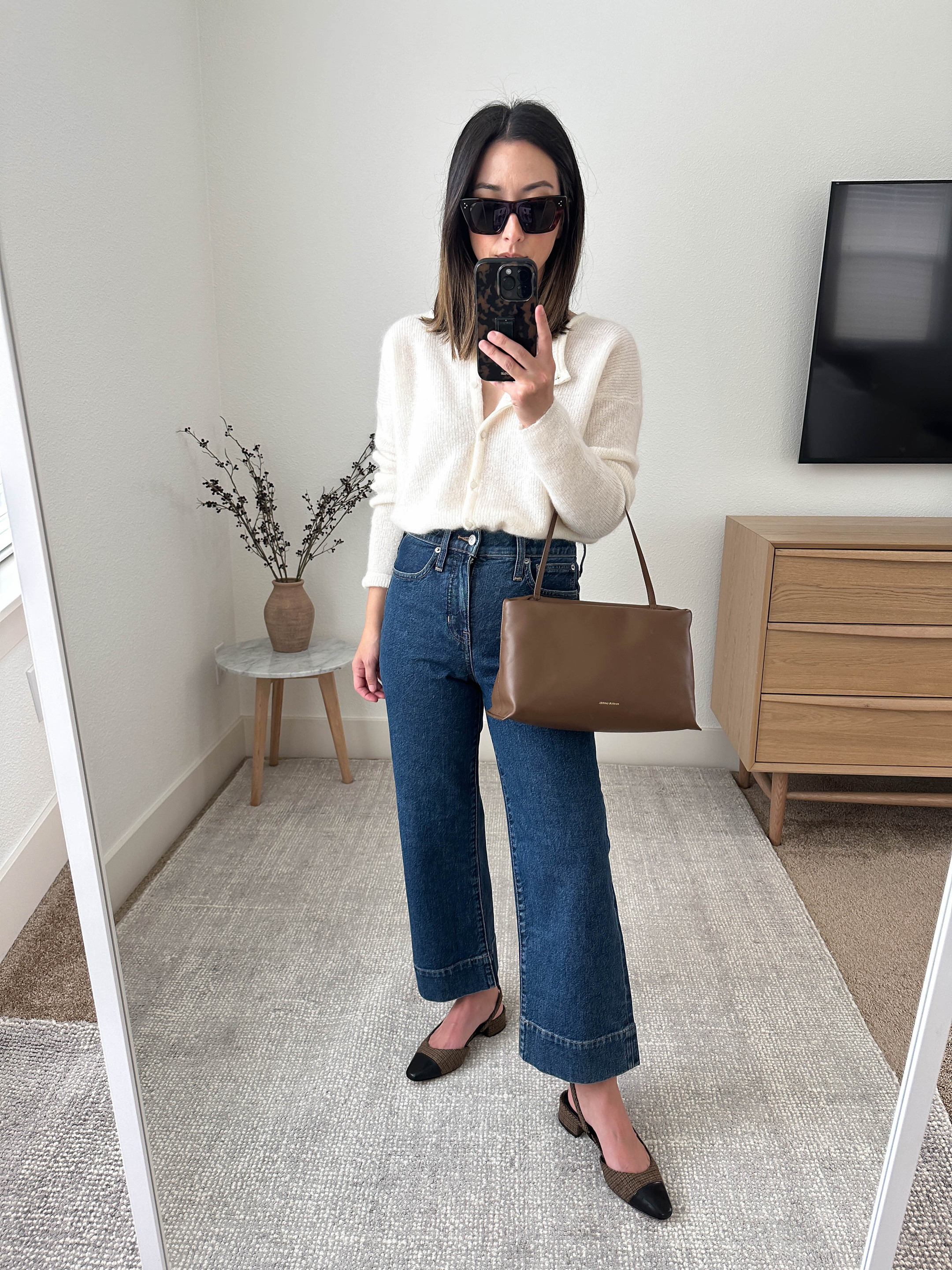 Thanksgiving outfit ideas. Fall outfit idea. Jeans are old J.Crew, but I linked the same fit and style (just different wash). Bag is also old Mansur Gavriel. Linked the current version of this bag. 

Sezane cardigan xs. Runs big
J.Crew slim wide jeans petite 24
Veronica Beard Slingbacks 5
Mansur Gavriel Notte Bag (old)
Celine Sunglasses 

#LTKSeasonal #LTKShoeCrush #LTKHoliday