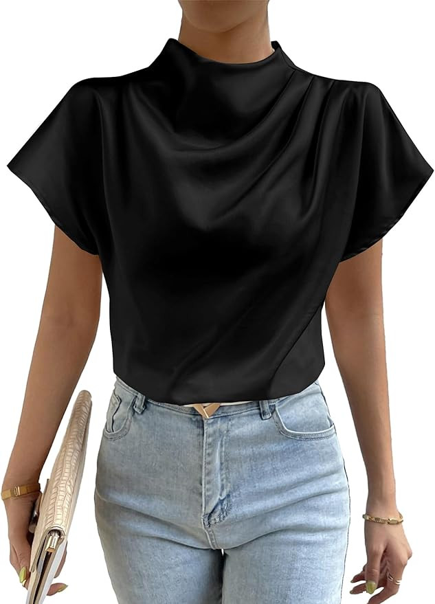 LYANER Women's Satin Silk Mock Neck Batwing Short Sleeve Ruffle Top Shirt Blouse | Amazon (US)