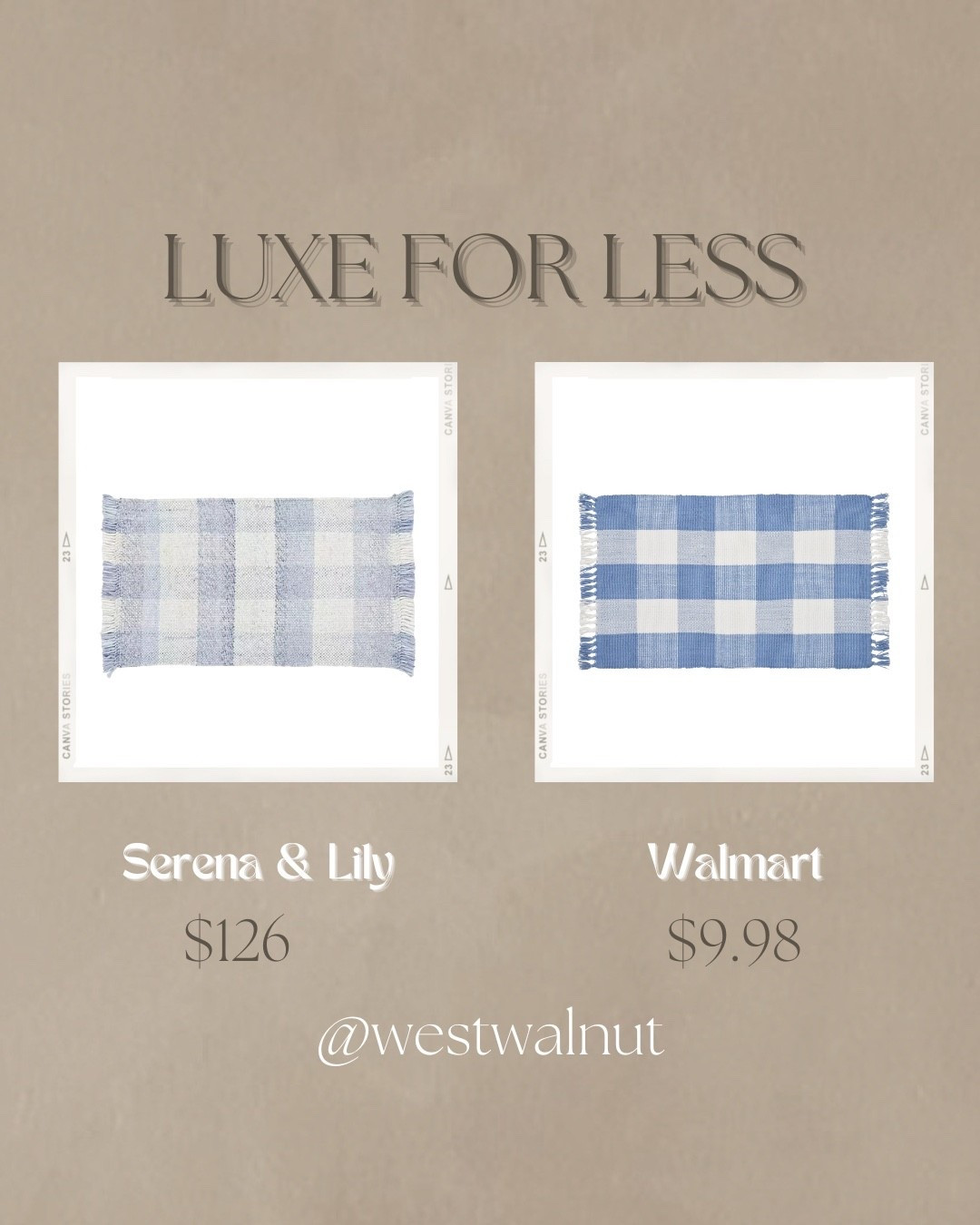 Small Gingham Rug

On the left is the Gingham Rug in Coastal Blue from Serena & Lily. This rug is woven with performance yarn so it is safe for indoor and covered outdoor use. 
Dimensions: 2 x 3 

On the right is the Gingham Fringe Indoor/Outdoor Layering Rug, Blue and White,  from Walmart. This rug is made from polyester making it suitable for indoor and outdoor use. 
Dimensions: 38" x 24"

#ginghamrug #springrug #doormat #smallrug  

*prices are accurate at the time of posting, including sales*

#LTKHome
