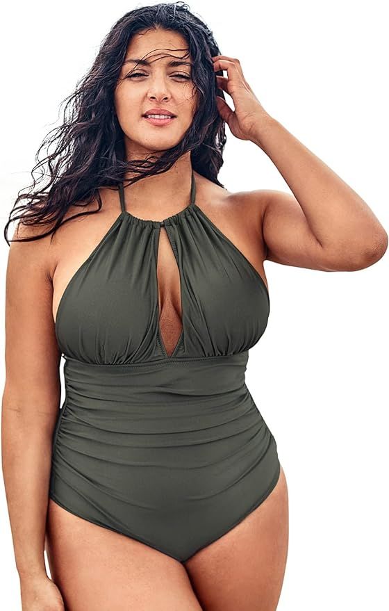 CUPSHE Women's Plus Size One Piece Swimsuit Halter Shirring Tummy Control Bathing Suit | Amazon (US)