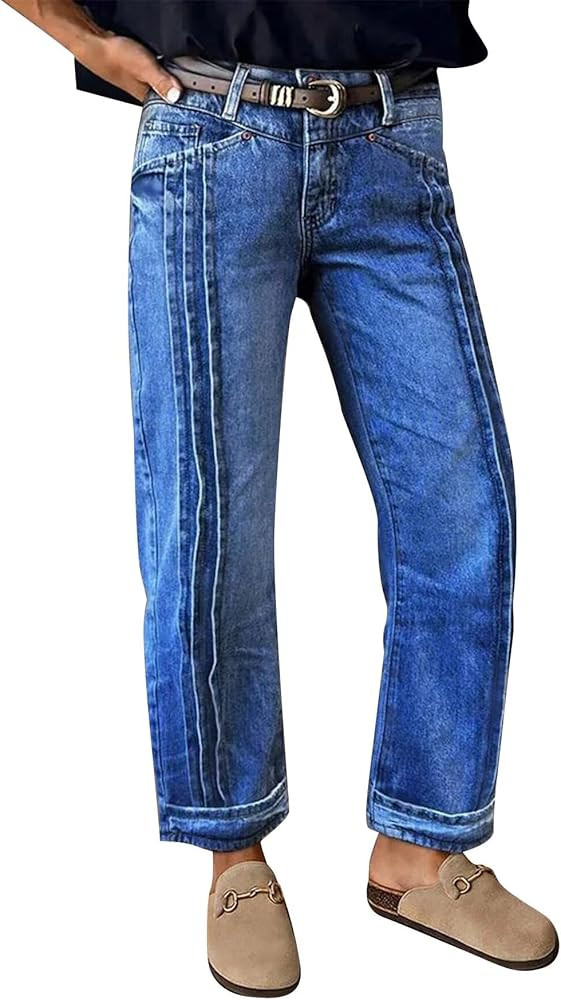 Flamingals High Waist Crop Straight Leg Jeans for Women Loose Fit Wash Pleated Roll Hem Denim Jea... | Amazon (US)