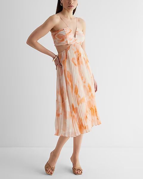 Floral V-neck Pleated Cutout Midi Dress | Express