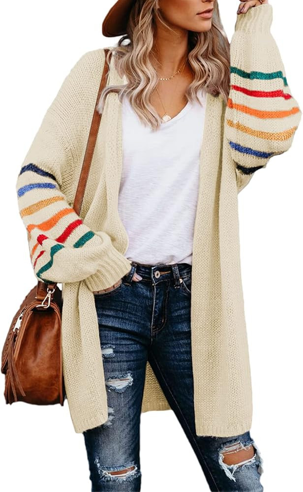 Dokotoo Women's Long Open Front Cardigans Striped Color Block Loose Knit Sweaters Outwear Coat | Amazon (US)