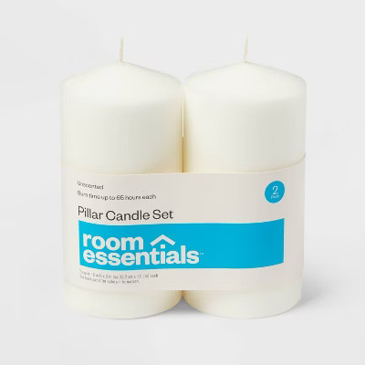 2pk 3" x 6" Unscented Pillar Candles White - Room Essentials™: Paraffin Wax, 65hr Burn Time, No... | Target