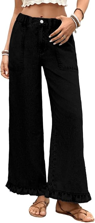 Astylish Wide Leg Jeans for Women Stretch High Wasited Baggy Trendy Denim Jean Ruffle Hem Pants | Amazon (US)