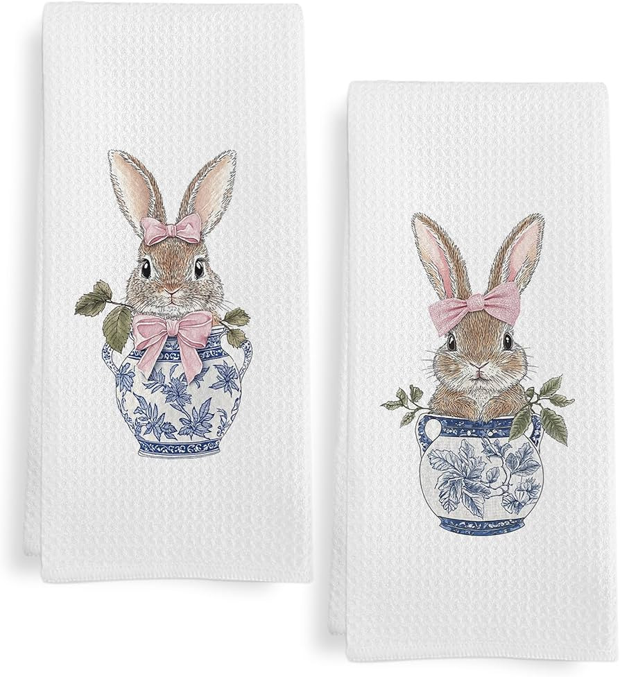 Chinoiserie Bunny Kitchen Towels Set of 2, Easter Blue and White Rabbit Dish Tea Towels for Kitch... | Amazon (US)