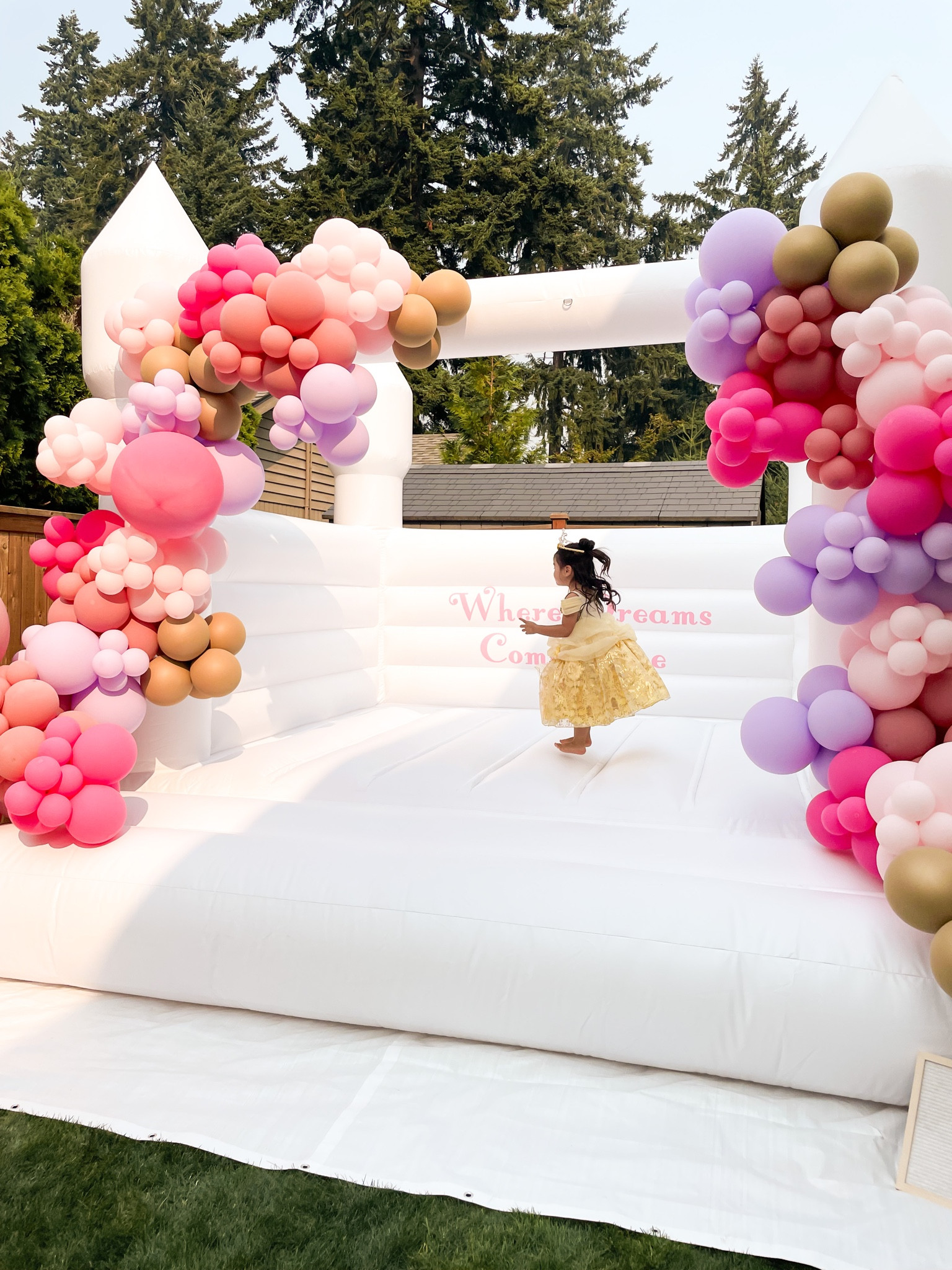 Princess party, White Bounce House Castle, Disney princess table setting for kids table, Disney princess plates and cups, crown bowls for snacks, castle cupcake holder, blush table runner 

#LTKkids #LTKparties