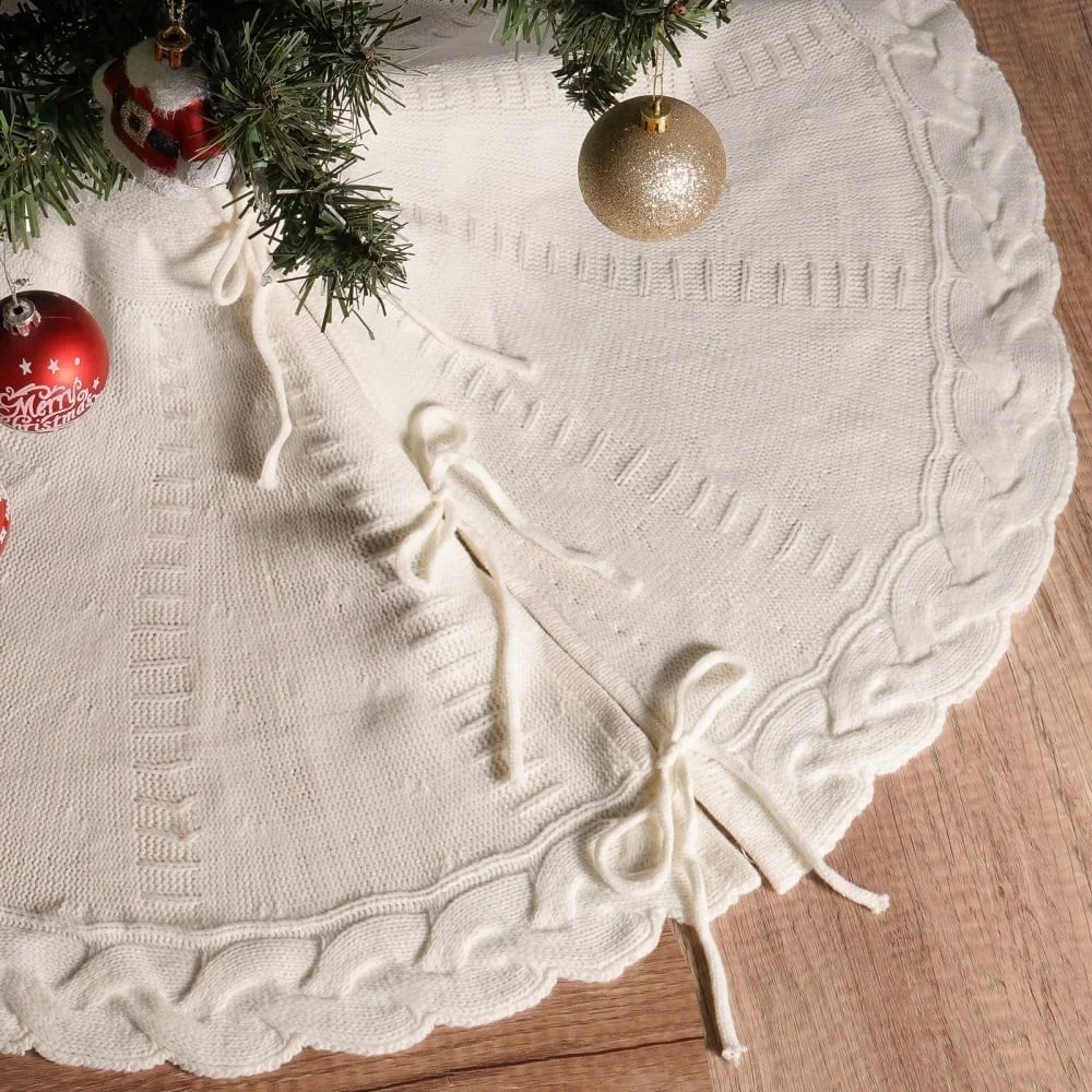 White Knitted Christmas Tree Skirt, 48 In White Cable Knit Christmas Tree Mat Rustic Farmhouse Ho... | Walmart (US)