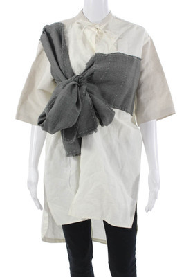 Tome Women Tunic Button-Up Tie Cotton Blend Beige 3/4 Sleeve Designer Size S | eBay US