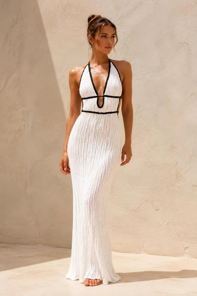 White Halter Maxi Dress, Open Back Lace Up Gown, Boho Resort Wear | Etsy (Global)