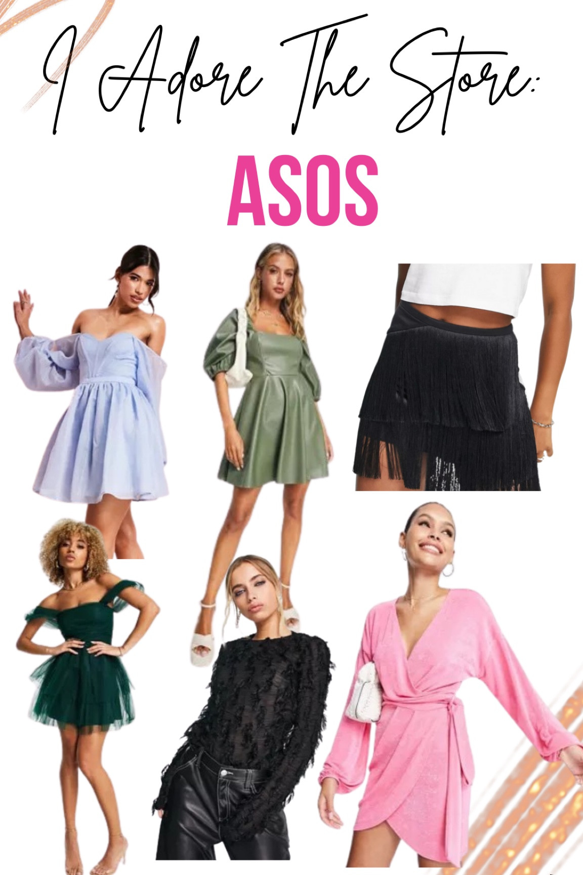 ASOS
-leather look babydoll mini skater dress in olive
-Topshop fringe mini skirt in black
-sheer fluffy texture blouse in black
-off shoulder tiered structured mini dress in emerald green
-wrap slinky blouson sleeve mini dress in bright pink
-ASOS LUXE bardot corsetted wired sleeved mini skater dress in blue


#LTKstyletip #LTKsalealert #LTKSeasonal