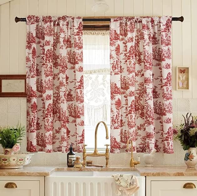 XTMYI Red Short Curtains for Kitchen Window Decor Rod Pocket Toile Floral Farmhouse Christmas Cou... | Amazon (US)