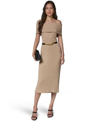 Donna Karan New York Women's Off-the-Shoulder Belted Sweater Dress - Camel | Macy's