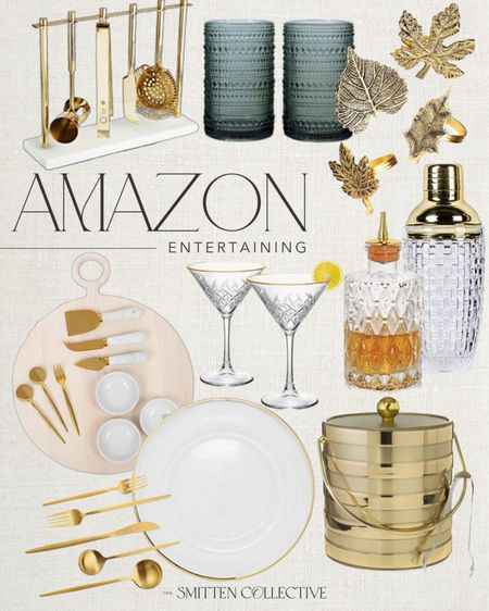 Amazon entertaining includes bitters bottle, cocktail mixer, ice bucket, gold rimmed plates, martini glasses, gold silverware, charcuterie board, barware set, napkin rings, black glasses.

Entertaining, Amazon finds, Amazon kitchen finds, barware

#LTKhome #LTKHoliday #LTKstyletip