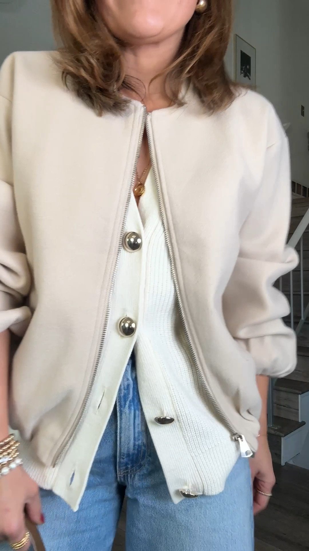 This jacket is amazing! Love the volume of the sleeves ! Take 20% off right now! It looks so chic on! Currently available in multiple colors. 
It runs tts, I’m wearing size small.
Linking similar knit vest and jeans! 

#LTKSaleAlert #LTKFindsUnder100 #LTKFindsUnder50