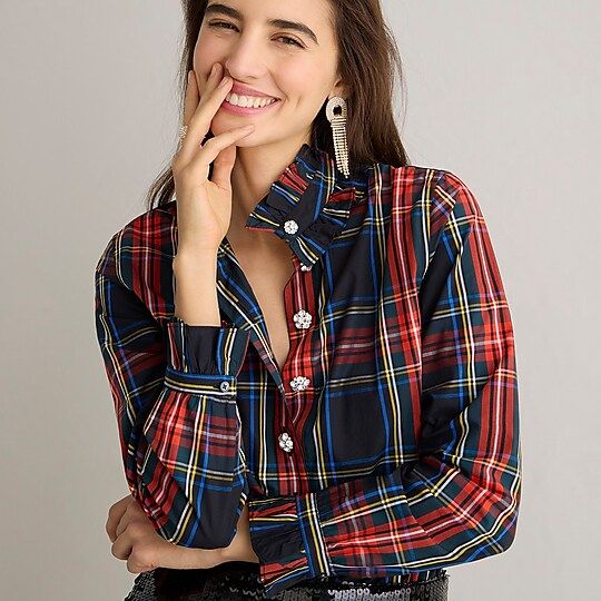 Classic-fit ruffle-neck jewel-button popover in Stewart tartan | J.Crew US