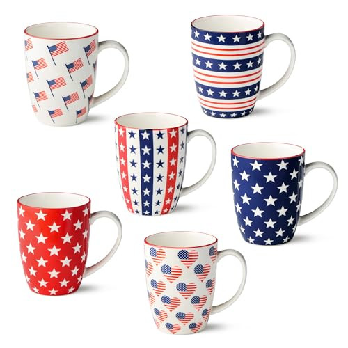 Patriotic Pad Print Porcelain MUGS SET of 6, 14 ounce red white and blue assorted star stripe and flag designs for coffee tea and festive everyday drinkware | Amazon (US)