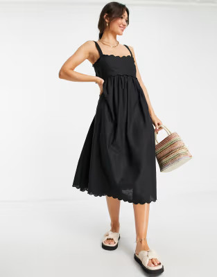 ASOS DESIGN scalloped edge cut-out back midi sundress black | ASOS | ASOS (Global)