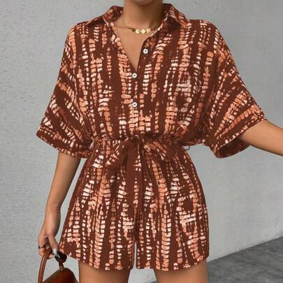 Printed Batwing Sleeve Knotted Collar Women's Jumpsuit | SHEIN