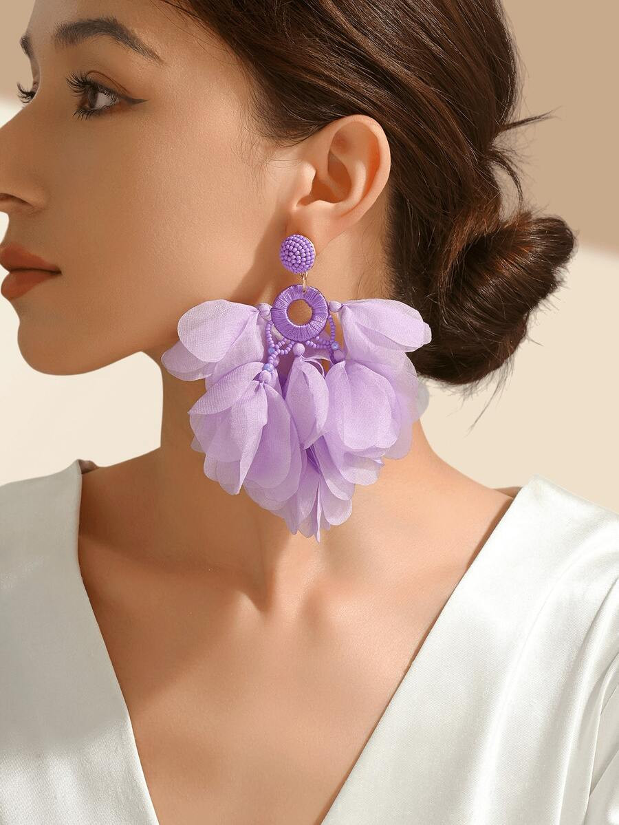 1 Pair Handmade Romantic Purple Fabric Tassel Earrings, Exaggerated Fashion Jewelry, Suitable For... | SHEIN