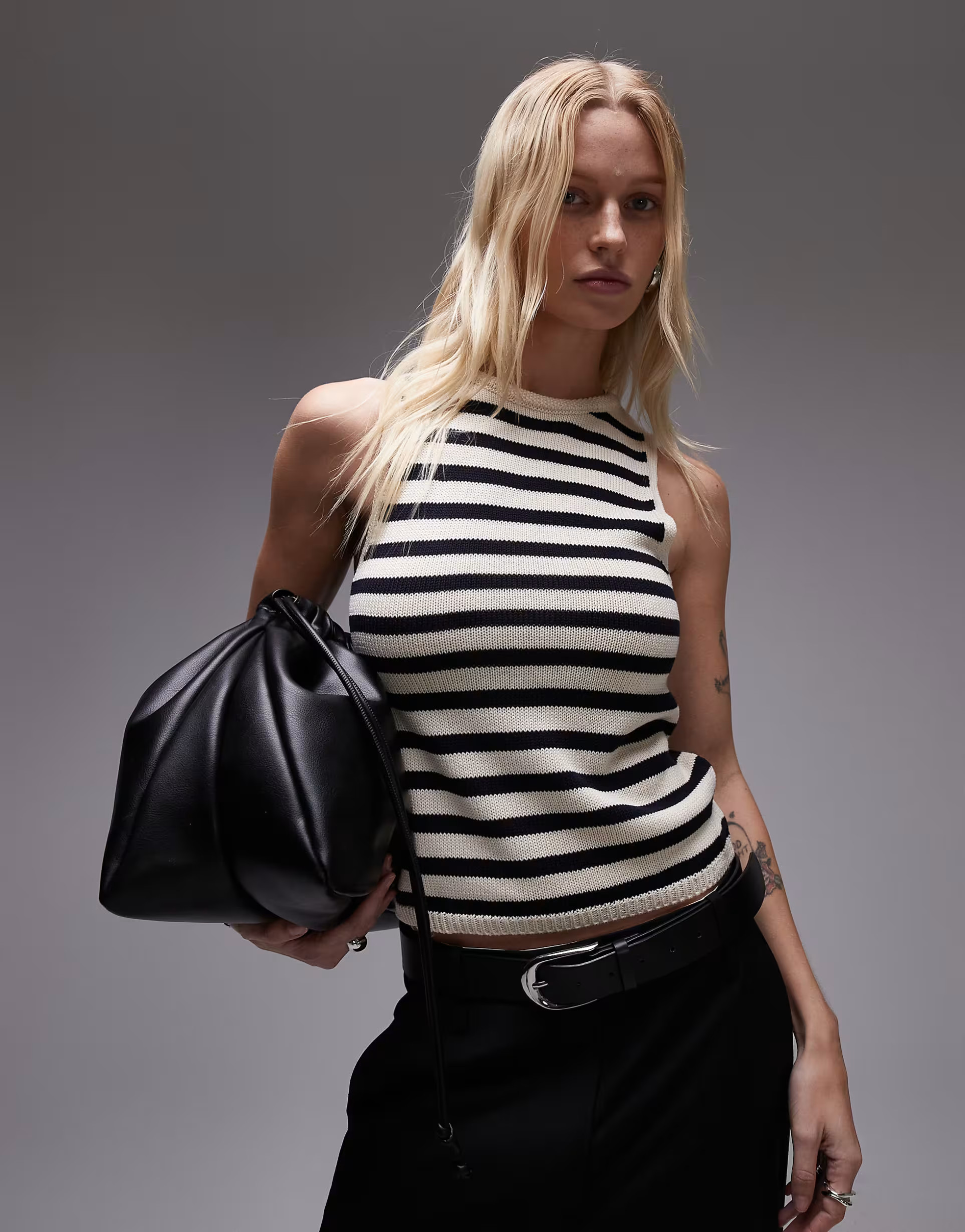 Mango sleeveless cropped knitted stripe top in black | ASOS (Global)