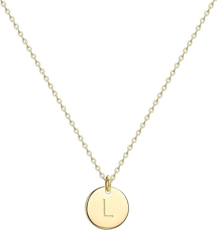 Valloey Rover Gold Initial Pendant Necklace, 14K Gold Plated Disc Double Side Engraved 16.5" Adjusta | Amazon (US)