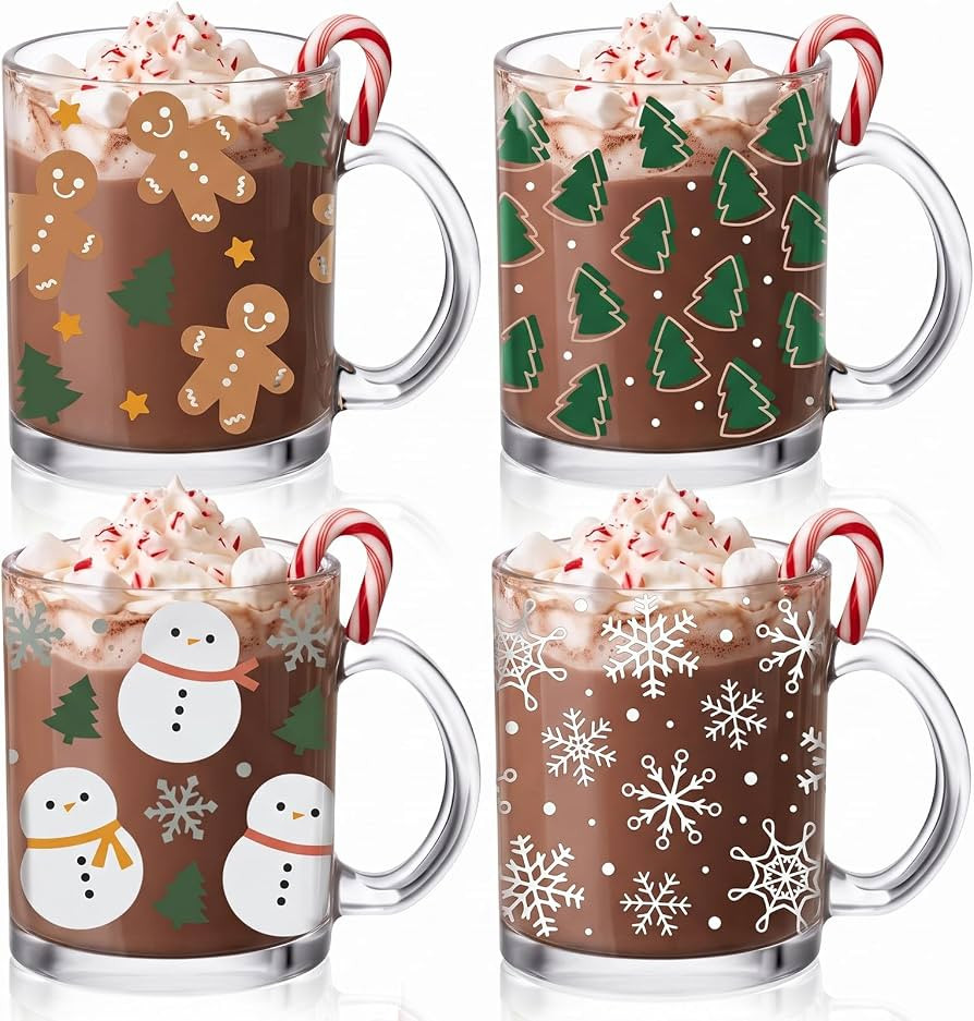 Bokon 4 Pcs Christmas Glass Coffee Mugs with Handle, 12 oz | Amazon (US)