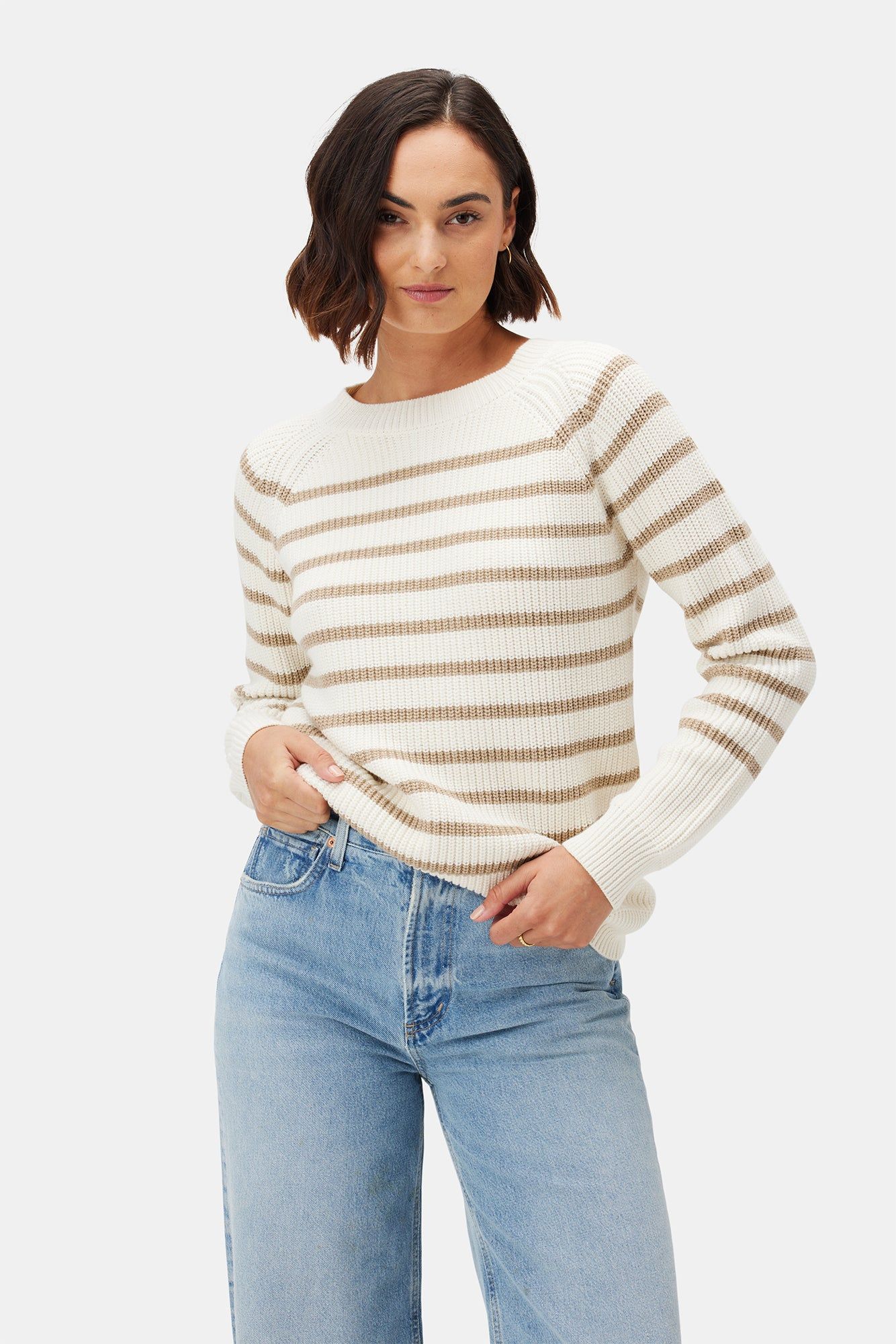 Layla Organic Cotton Sweater - Ivory Tan Stripe | Amour Vert