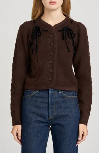WAYF x Sara Walker Jackie Velvet Bow Cable Stitch Cardigan in Espresso at Nordstrom Rack, Size Large | Nordstrom Rack