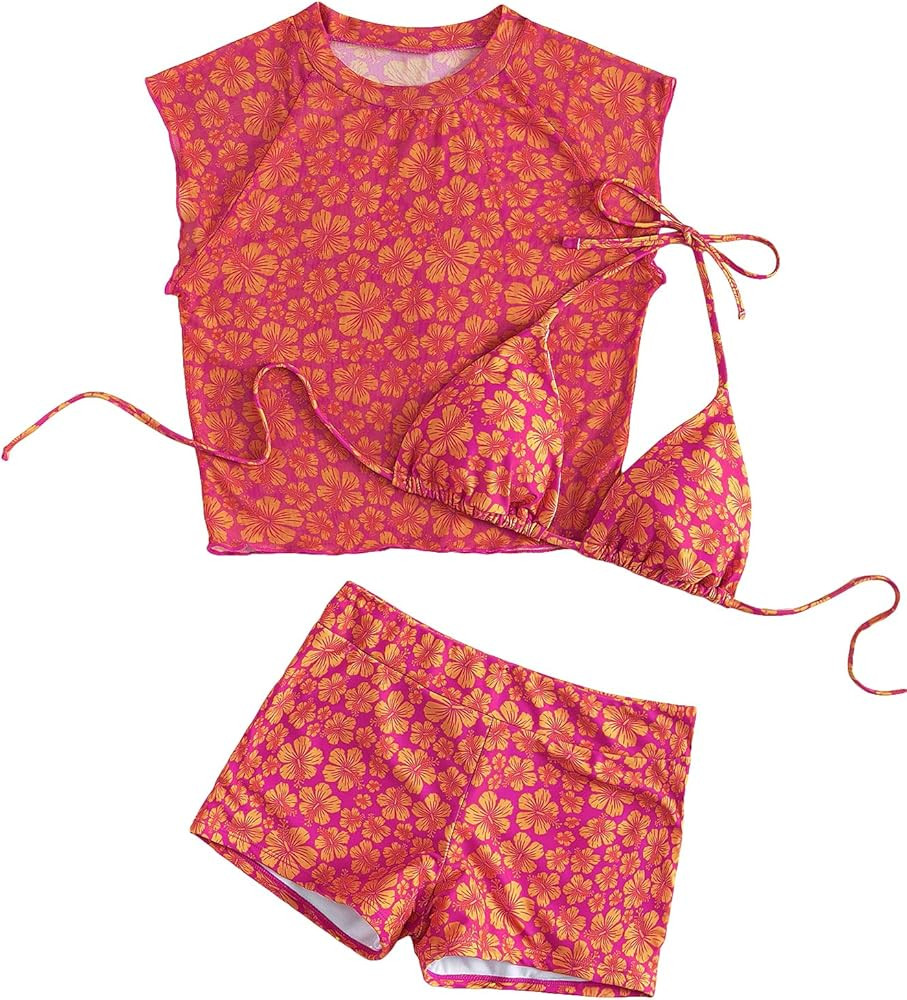 SOLY HUX Women's Floral Print Halter Top and Shorts Bikini Bathing Suits 3 Piece Swimsuit with Co... | Amazon (US)