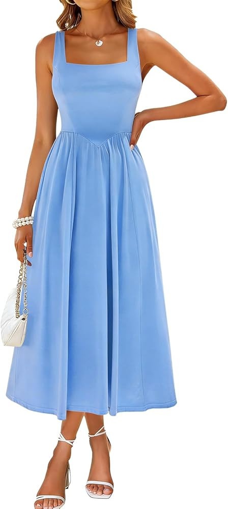 Sureple Midi Dresses for Women 2026 Spring Square Neck Tank Sleeveless A Line Casual Summer Sundr... | Amazon (US)