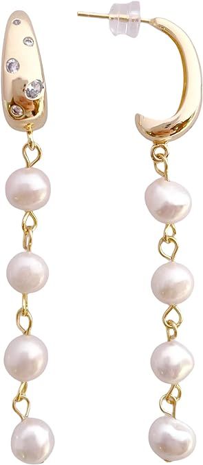 AnnChbpl Baroque Pearl Earrings Long Drop Dangle White Real Freshwater Pearls Stud Vintage Earrin... | Amazon (US)