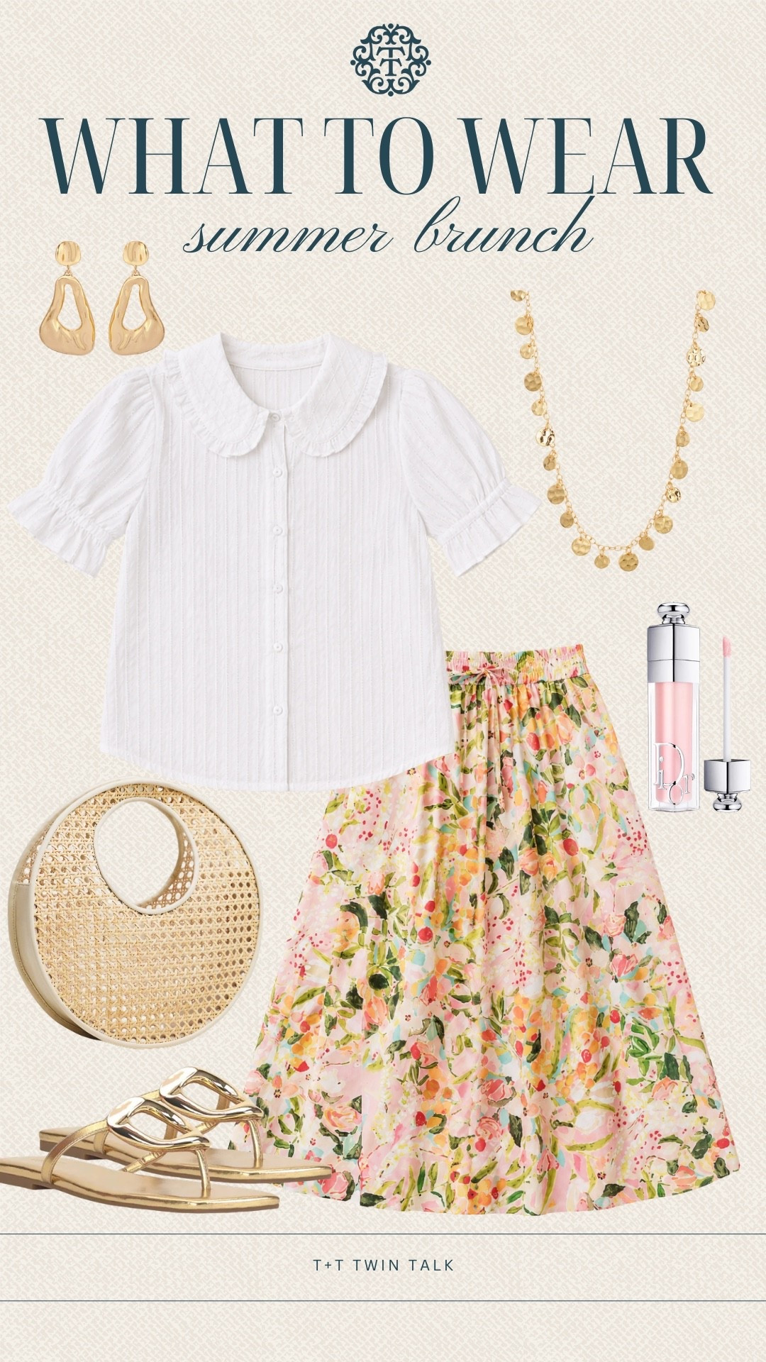T+T, what to wear! A crisp white Quince top keeps this look feeling easy for summer brunch, while the gold accessories add just enough polish. The floral Nordstrom skirt really pulls the whole outfit together and brings in the soft color that makes it feel brunch-ready.

#LTKMidsize #LTKOver40 #LTKSeasonal