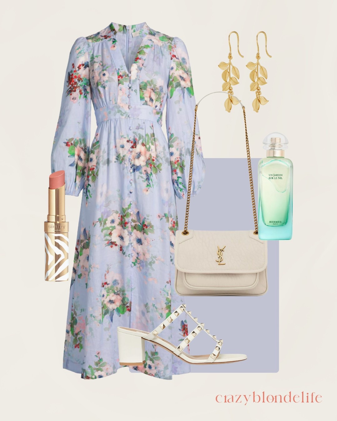 This beautiful Mother’s Day outfit features a light blue floral maxi dress. The dress is complimented by gold leaf earrings and neutral accessories.  The Hermes perfume is ideal for spring!

#LTKStyleTip #LTKSeasonal #LTKShoeCrush