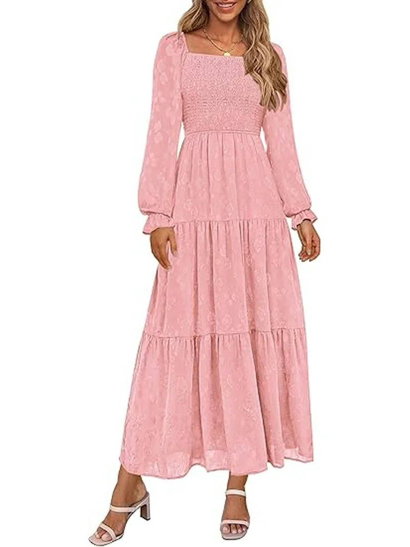 PRETTYGARDEN Women's Fall Floral Midi Dress Long Sleeve Smocked A Line Long Flowy Elegant Wedding... | Walmart (US)