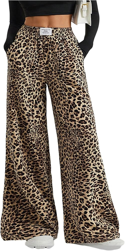 Women's Letter Leopard Print Straight Leg Pants Elastic Waist Y2K Trousers Bottoms with Pockets | Amazon (US)