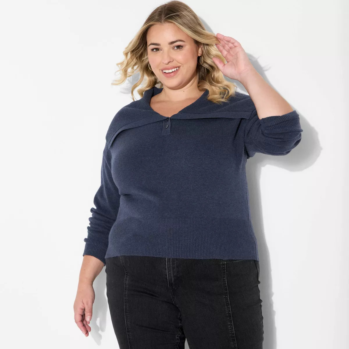 Women's Button-Down Collar Henley Sweater - Wild Fable™ Navy Blue 4X | Target