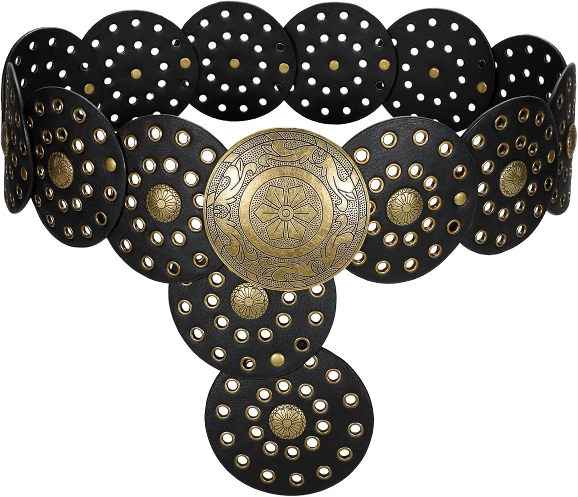 LEACOOLKEY Women's Boho Disc Belt Wide Western Leather Belt Vintage Concho Waist Belts for Dress ... | Amazon (US)