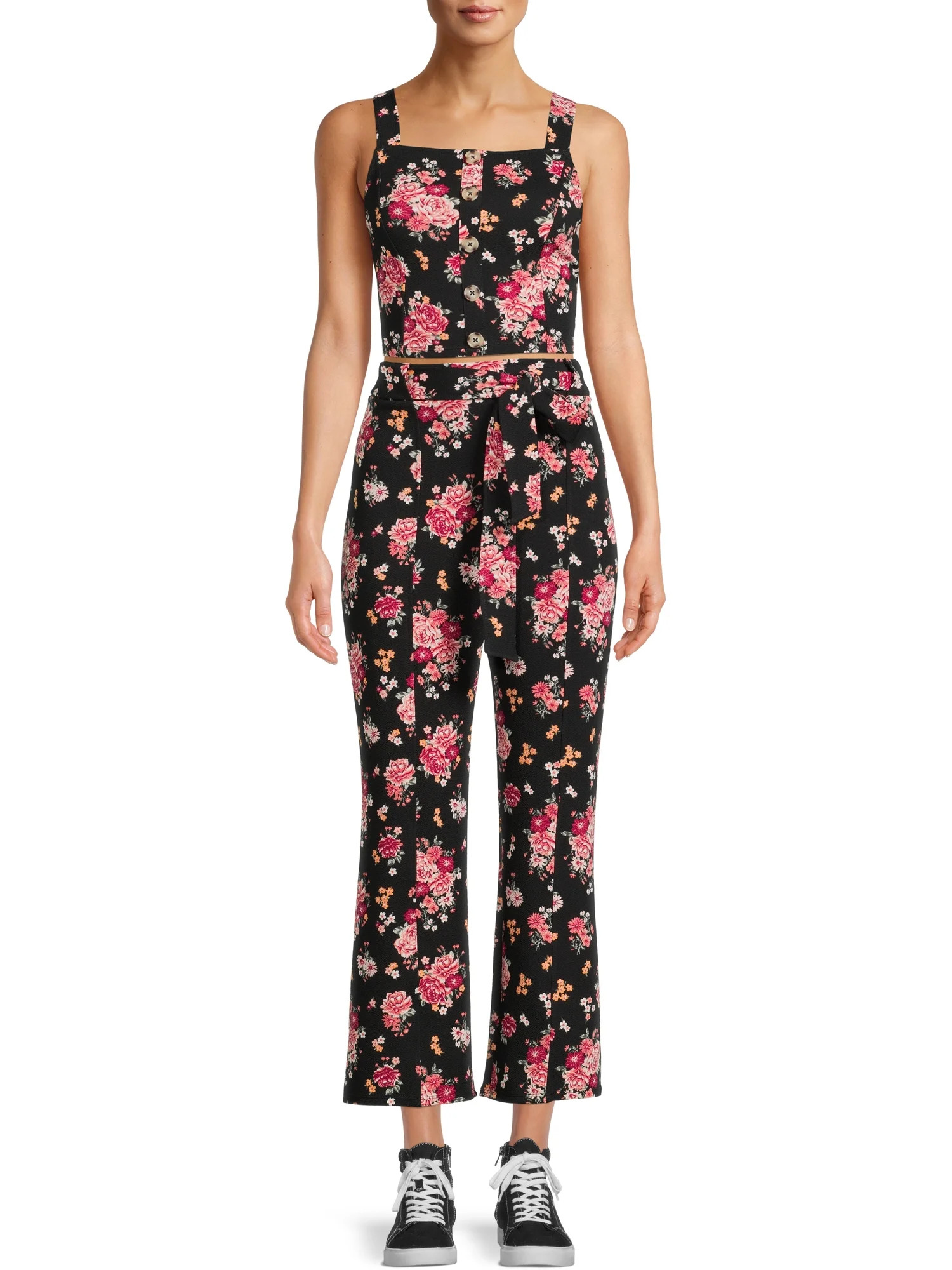 No Boundaries Juniors' Button Front Tank Top and Flare Pants Set, 2-Piece | Walmart (US)