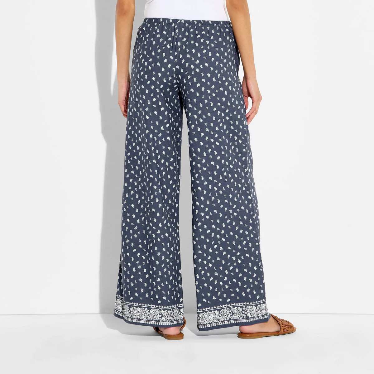 Women's Low-Rise Baggy Leg Linen Pull-On Pants - Wild Fable\u2122 Navy Blue Paisley S | Target