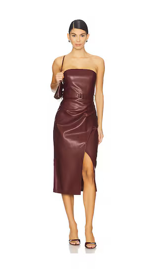 Samantha Strapless Faux Leather Midi Dress in Malbec | Revolve Clothing (Global)