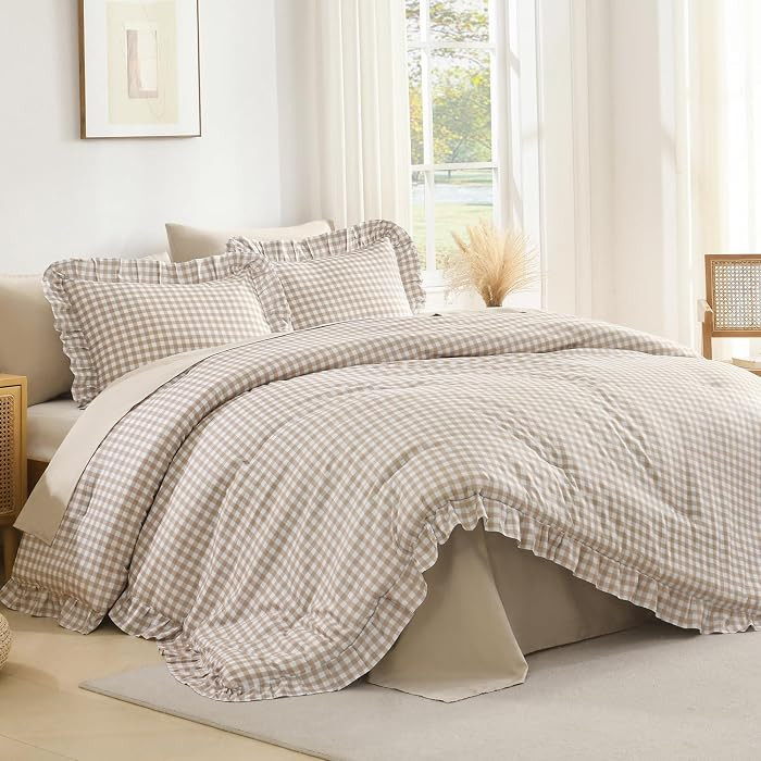 Tan Gingham Ruffle Comforter Queen(90x90Inch), 3 Pieces(1 Ruffled Comforter and 2 Pillowcases) So... | Amazon (US)