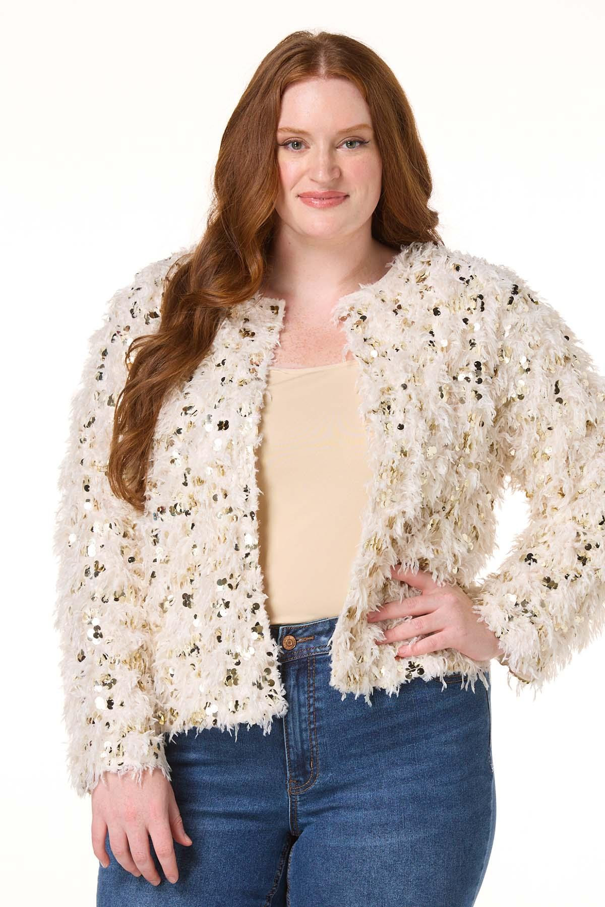 Plus Size Wispy Feather Sequin Jacket | Cato Fashions