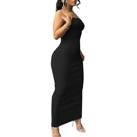 Amazon.com: BORIFLORS Women's Basic Sleeveless Tube Top Sexy Strapless Bodycon Midi Club Dress,Sm... | Amazon (US)