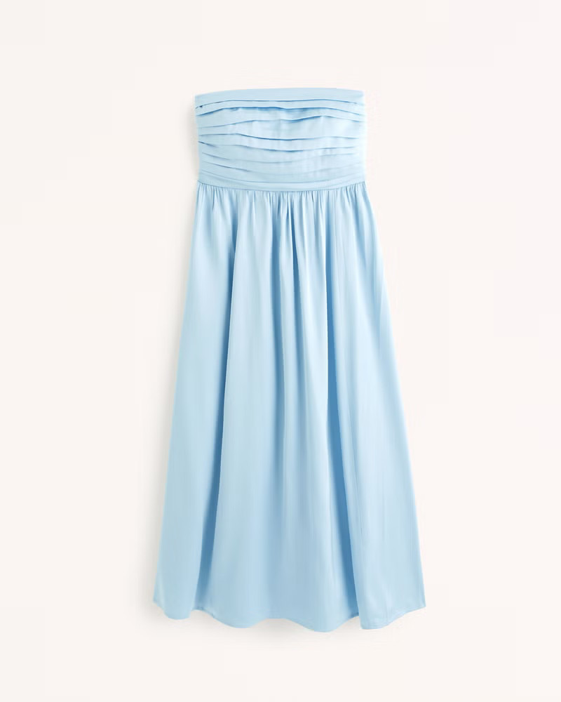Satin Emerson Ruched Strapless Midi Dress | Abercrombie & Fitch (US)